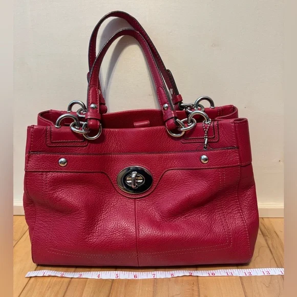 Coach Red Pebbled Leather Turnlock Tote Shoulder Bag Silver Hardware - Picture 2 of 11